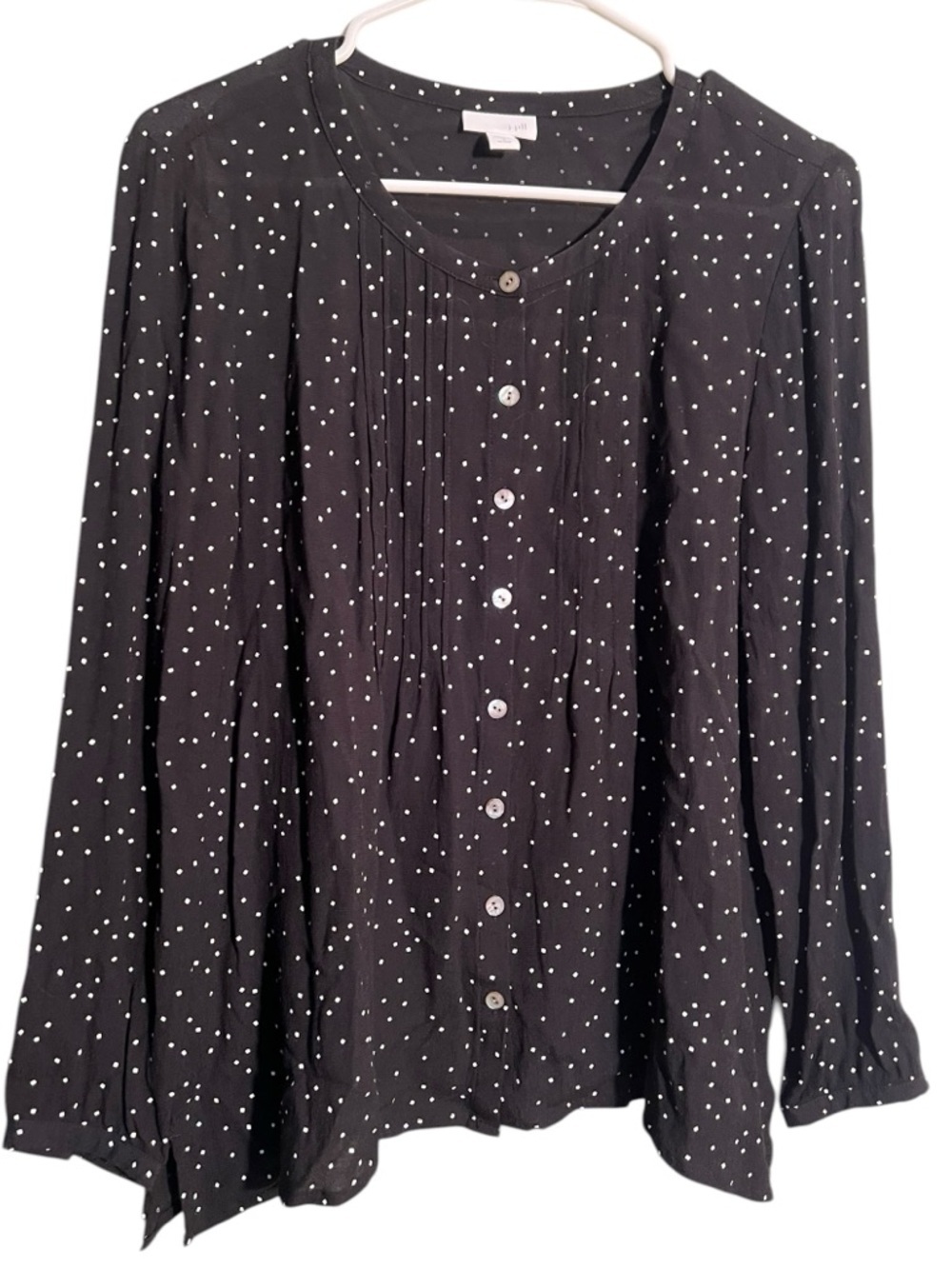 J. Jill Women's Size Small Petite Button Down Blouse Black Confetti Dot Pintuck